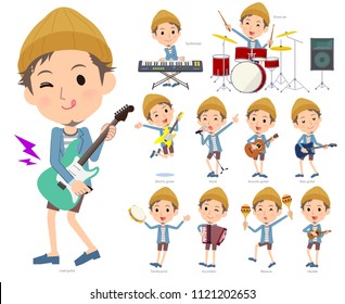 A set of men playing rock 'n' roll and pop music.There are also various instruments such as ukulele and tambourine.It's vector art so it's easy to edit.