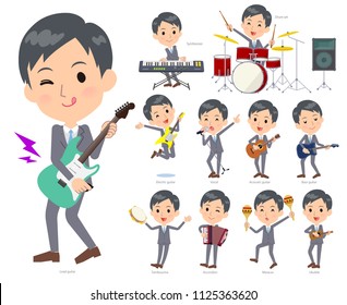 A set of men playing rock 'n' roll and pop music.There are also various instruments such as ukulele and tambourine.It's vector art so it's easy to edit.