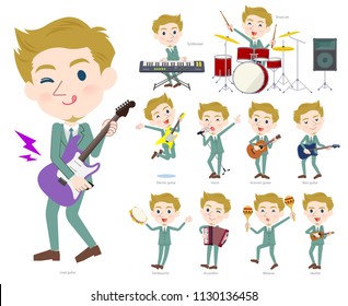 A set of men playing rock 'n' roll and pop music.There are also various instruments such as ukulele and tambourine.It's vector art so it's easy to edit.