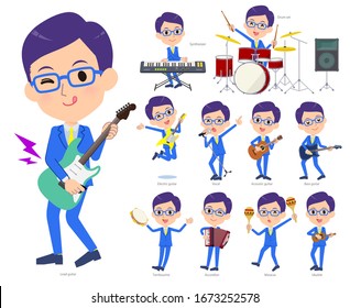 A set of men playing rock 'n' roll and pop music.There are also various instruments such as ukulele and tambourine.It's vector art so it's easy to edit.