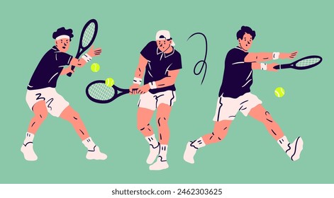 Set of men playing Tennis. Various positions. Sportsmen holding rackets and hitting ball. Isolated design elements. Cartoon flat style. Hand drawn modern Vector illustration