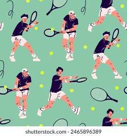 Set of men playing Tennis. Various positions. Sportsmen holding rackets and hitting ball. Cartoon flat style. Hand drawn modern Vector illustration. Square seamless Pattern