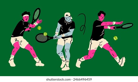 Set of men playing Tennis. Various positions. Sportsmen holding rackets and hitting ball. Isolated design elements. Cartoon flat style. Hand drawn modern Vector illustration