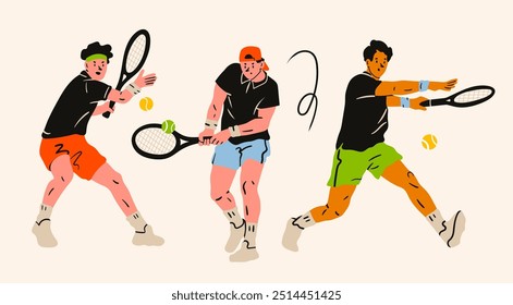 Set of men playing Tennis. Various positions. Sportsmen holding rackets and hitting ball. Isolated design elements. Cartoon flat style. Hand drawn modern Vector illustration