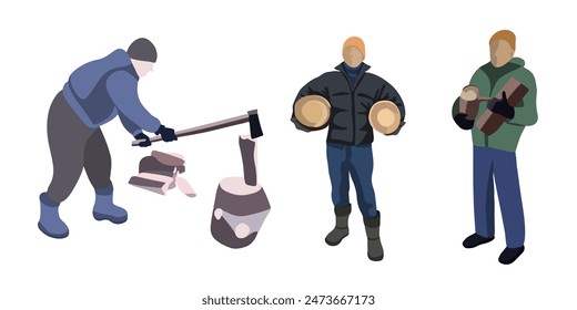 Set of men preparing firewood on a white background.