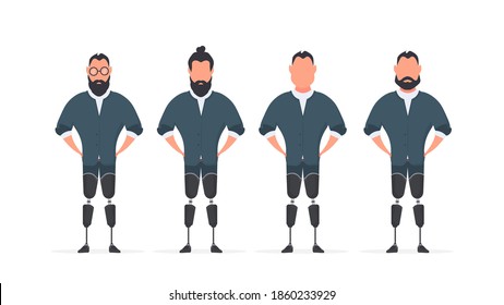 A set of men with prosthetic legs. People with disabilities. Vector.