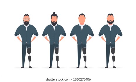 A set of men with prosthetic legs. People with disabilities. Vector.