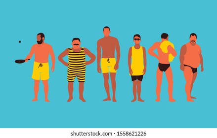 Set Of Men ready for a pool party and Having Fun Vector Illustration