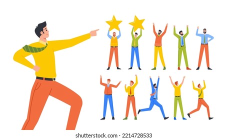 Set Of Men Rejoice With Hands Up, Happy Male Characters Rejoice, Businessman With Star in Hands, Jumping, Celebrate Success Or Victory Isolated On White Background. Cartoon People Vector Illustration