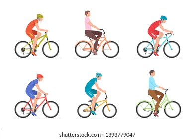 Set of Men riding bicycles. isolated on white background