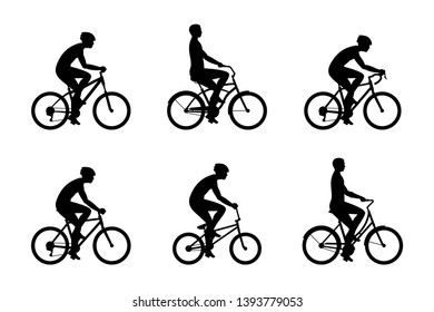 Set of Men riding bicycles. isolated on white background