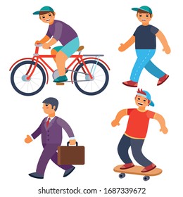 set of men riding a bike, walking, skateboarding, going to work, isolated object on a white background, vector illustration, eps