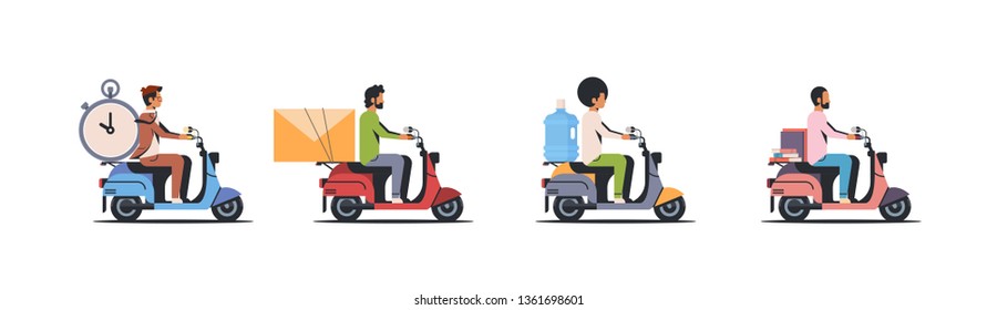 set men riding scooter different concepts collection isolated flat horizontal banner vector illustration