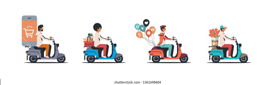 set men riding scooter different concepts collection isolated flat horizontal banner