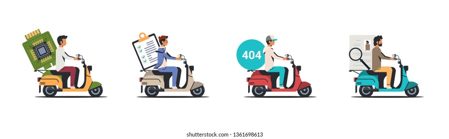 set men riding scooter different concepts collection isolated flat horizontal banner