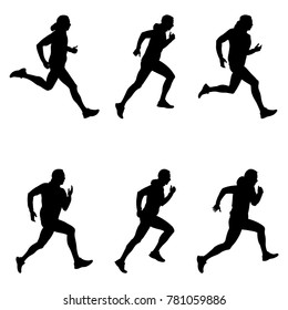 set men runner black silhouette vector illustration