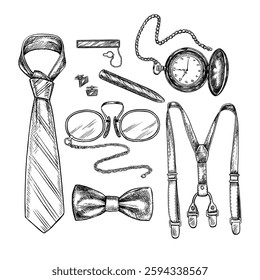 A set of men s accessories. A vector graphic illustration made by hand. Black and white image of the clipart. Vintage men s beauty and fashion. For postcards, banners. For All Men s Day, Father s Day