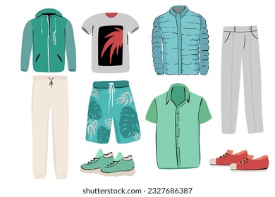 Set of men s clothing and accessories. Fashion and style elements. Flat design vector illustration