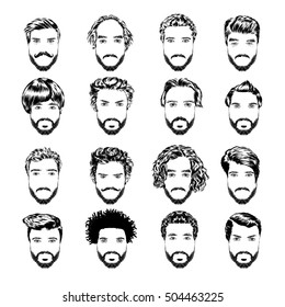 Set of men s hairstyles, beards and mustache. Hand-drawn sketch. Vector Illustration.