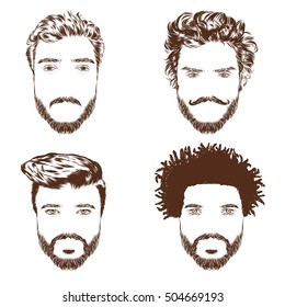 Set of men s hairstyles, beards and mustache. Hand-drawn sketch. Vector Illustration.