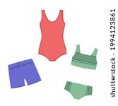 A set of men s swimming trunks and women s swimwear. Children s clothing for swimming in the sea or pool. Flat style. Vector colored with black outline.
