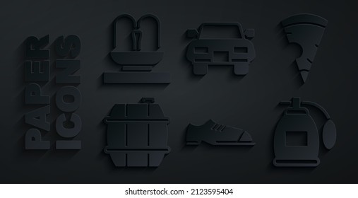 Set Men shoes, Slice of pizza, Barrel for wine, Perfume, Car and Fountain icon. Vector