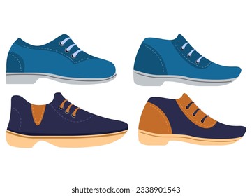 Set men shoes.Casual male shoes side view. Autumn boots.Isolated on white background.Vector flat illustration.Boots and classic leather footwear footgear for men.