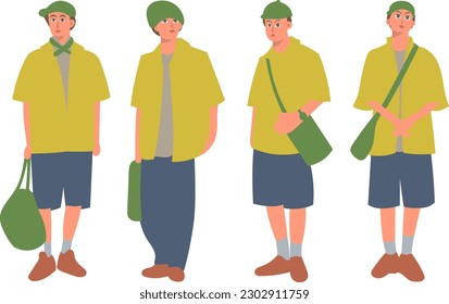 Set of men in shorts and a green shirt. Vector illustration in flat style