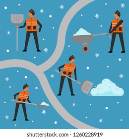 Set of men with shovels and wheelbarrow ready to clean the snow. Snow clearing. Winter concept. Vector Illustration. 