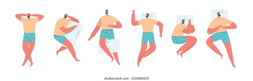 Set of Men Sleep or Relaxing in Different Sleeping Pose, Male Character Lying in Bed Top View with Pillow and Blanket. Sleep or Nap Recreation Isolated on White Background. Cartoon Vector Illustration