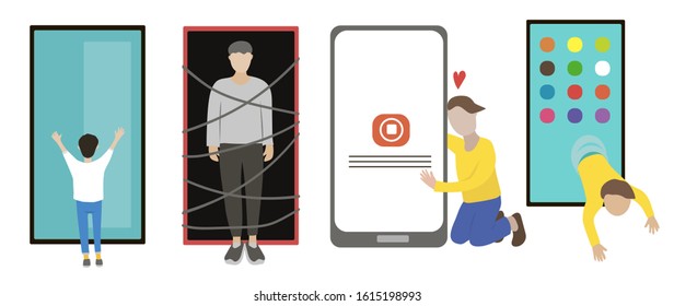 Set of men with smaptphone addiction. Flat design. Can be used for illustration of articles, blogs, websites, stickers, booklets, flyers, landings, messengers. 