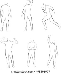 Set of men sportsmen outline silhouettes. Vector illustration.
