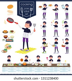 A set of men in sportswear about cooking.There are actions that are cooking in various ways in the kitchen.It's vector art so it's easy to edit.