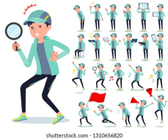 A set of men in sportswear with digital equipment such as smartphones.There are actions that express emotions.It's vector art so it's easy to edit.