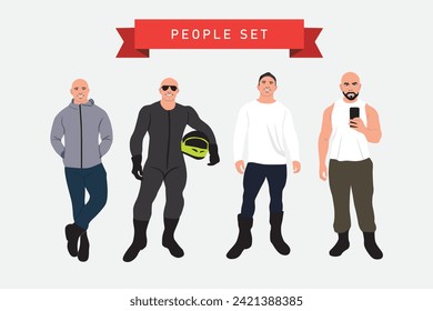 Set of men in sportswear. Flat style vector illustration.