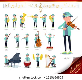 A set of men in sportswear on classical music performances.There are actions to play various instruments such as string instruments and wind instruments.It's vector art so it's easy to edit.