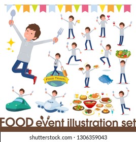 A set of men in sportswear on food events.There are actions that have a fork and a spoon and are having fun.It's vector art so it's easy to edit.