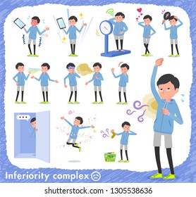 A set of men in sportswear on inferiority complex.There are actions suffering from smell and appearance.It's vector art so it's easy to edit.