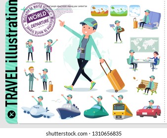 A set of men in sportswear on travel.There are also vehicles such as boats and airplanes.It's vector art so it's easy to edit.