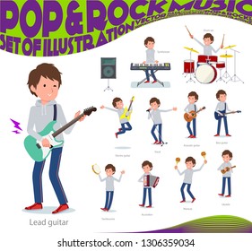 A set of men in sportswear playing rock 'n' roll and pop music.There are also various instruments such as ukulele and tambourine.It's vector art so it's easy to edit.