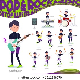 A set of men in sportswear playing rock 'n' roll and pop music.There are also various instruments such as ukulele and tambourine.It's vector art so it's easy to edit.