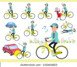 A set of men in sportswear riding a city cycle.There are actions on manners and troubles.It's vector art so it's easy to edit.