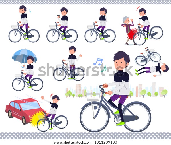 A set of men in sportswear riding a city\
cycle.There are actions on manners and troubles.It\'s vector art so\
it\'s easy to edit.\

