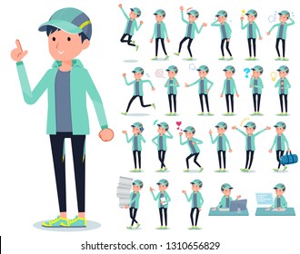 A set of men in sportswear with who express various emotions.There are actions related to workplaces and personal computers.It's vector art so it's easy to edit.