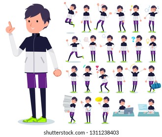 A set of men in sportswear with who express various emotions.There are actions related to workplaces and personal computers.It's vector art so it's easy to edit.