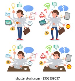 A set of men in sportswear who perform multitasking in the office.There are things to do smoothly and a pattern that is in a panic.It's vector art so it's easy to edit.