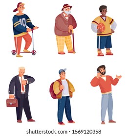 Set of men standing on isolated lenses on a white background with a cane, sword, phone, watch, backpack, scooter,