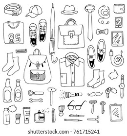 Set of men stuff:bag,shoes,t shirt,cellphone,beer,glasses,cosmetic,clothes,tablet,watch,hat,backpack. Isolated doodle design elements.Hand drawn vector black and white illustrations.Fashion man items.