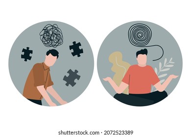 Conjunto de hombres que sufren depresión y con una salud mental estable. С concepto de cuidado y tratamiento del bienestar mental. Personas con problemas psicológicos y estabilidad emocional. Ilustración del vector