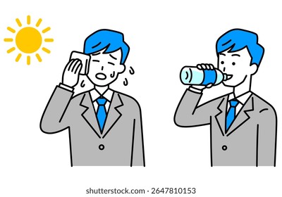 Set of men in suits taking measures against heat stroke